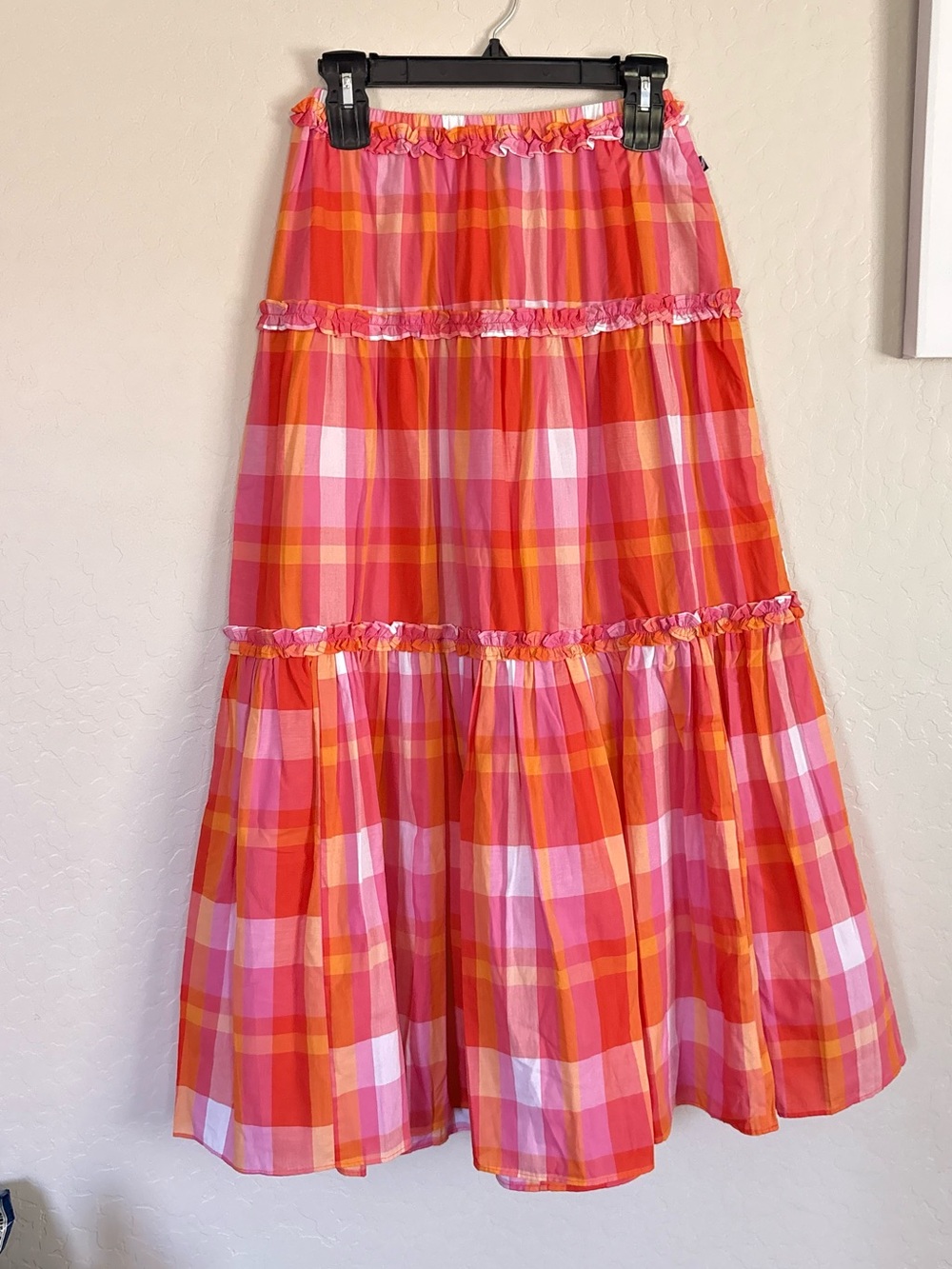 Nautica Women’s Cotton Plaid Ruffle Trim Tiered Maxi Skirt Pink Orange XS NWT - Picture 2 of 7